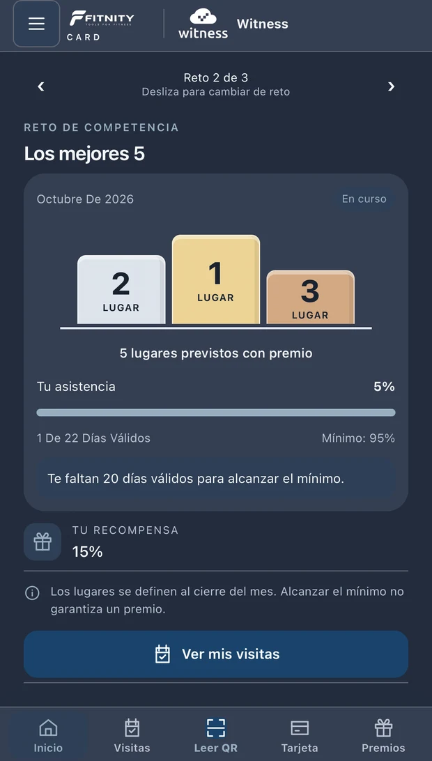 Captura real de Fitnity Card con el reto de competencia Los mejores 5; metas, cifras y recompensa de ejemplo configuradas por el estudio.