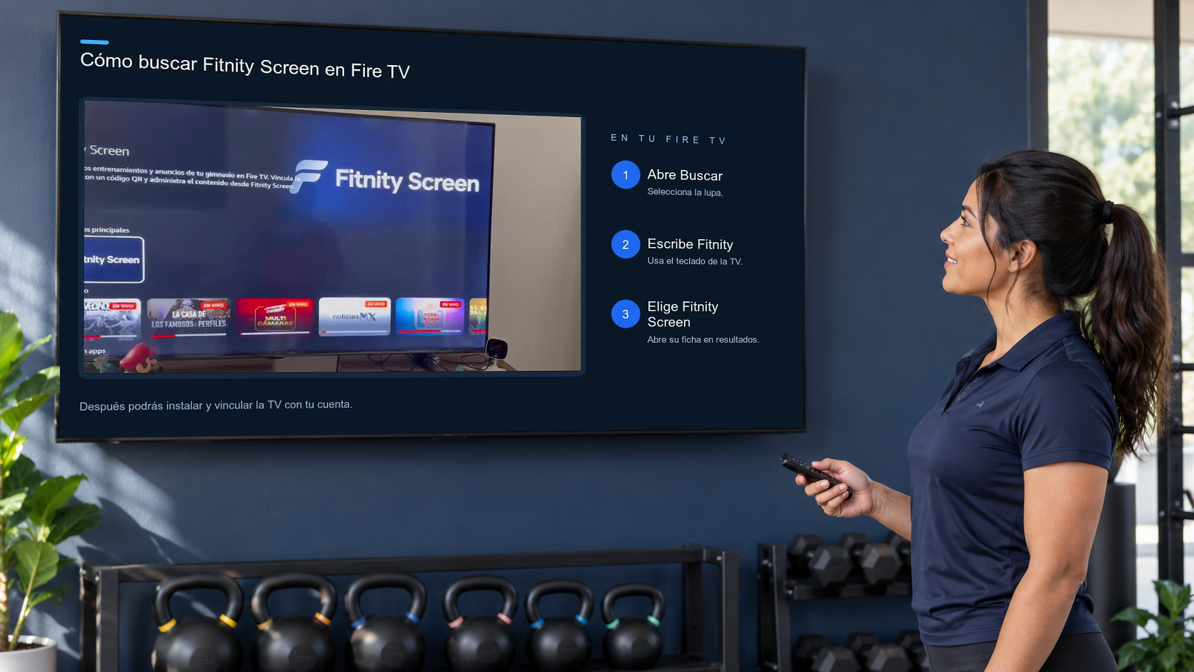 Montaje ilustrativo de una coach con un control remoto junto a una TV que muestra cómo buscar Fitnity Screen en Fire TV.
