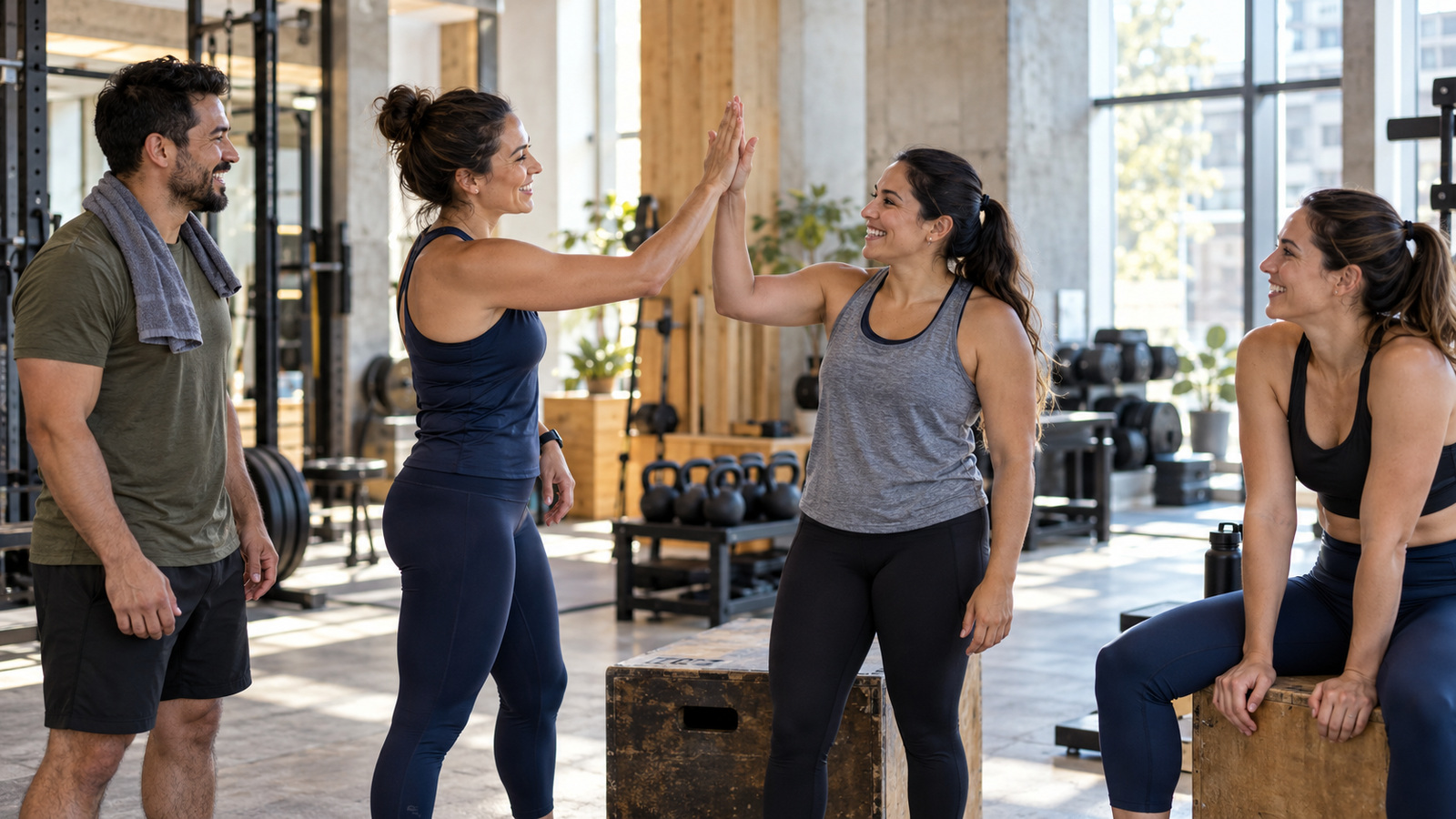 Escena ilustrativa de cuatro personas celebrando juntas después de entrenar en un studio.